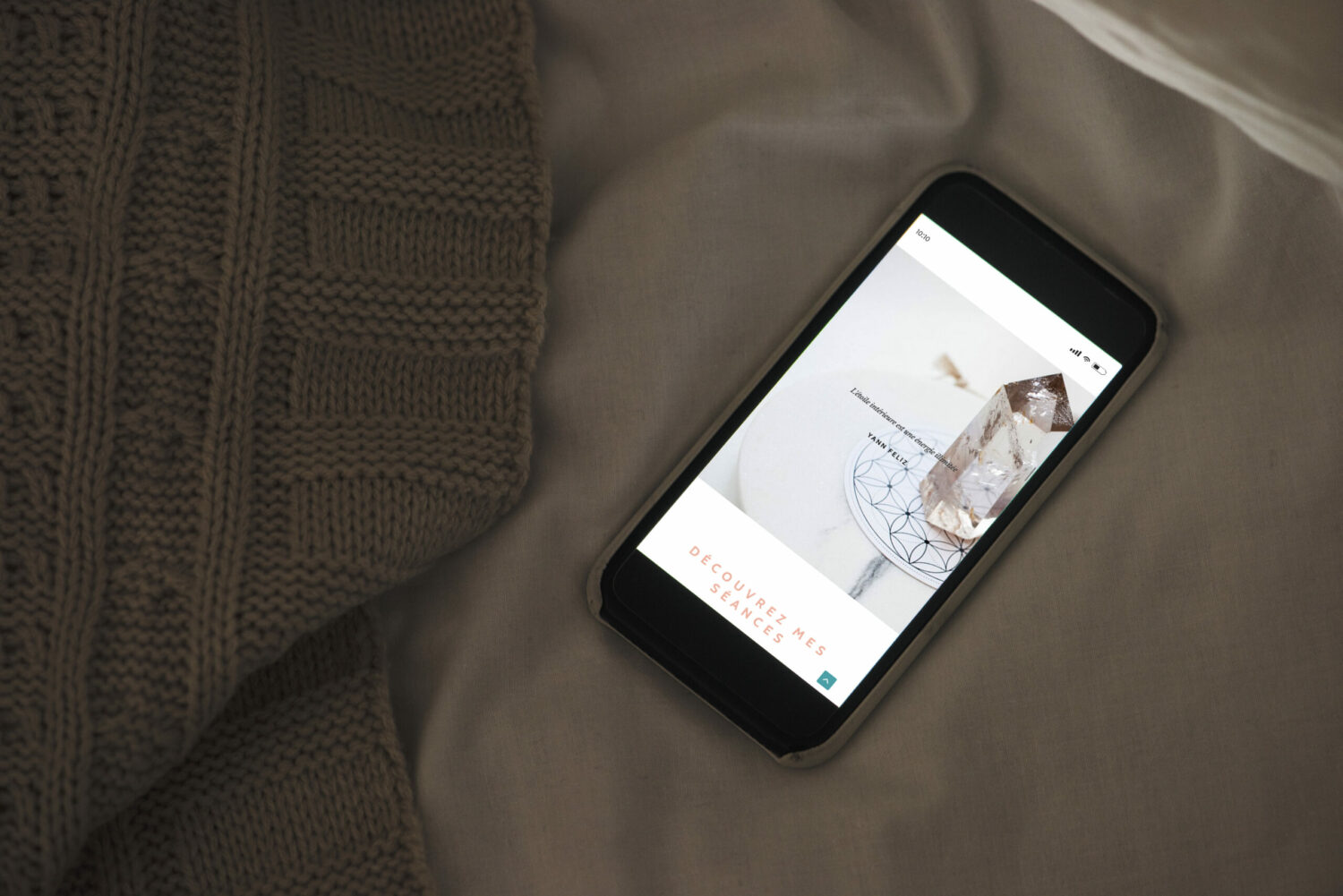 Mobile phone screen mockup on sheet surface